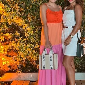 MANGO colorblock Spaghetti Strap Maxi Dress in Red, Peach & Pink